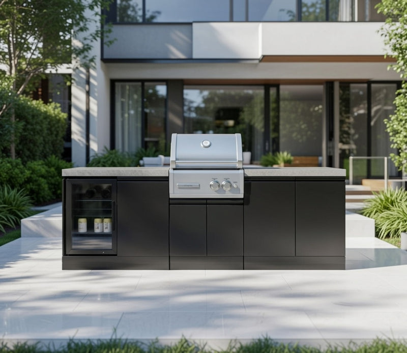 GrandPro Outdoor Kitchen with CrossRay 2 Burner BBQ, and Fridge - 2.5m