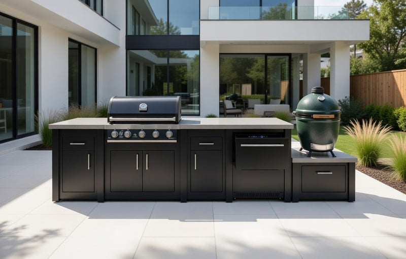 Grandpro by Stoll Aluminum Outdoor Kitchen GrandPro, Green Egg, and Double Drawer Fridge