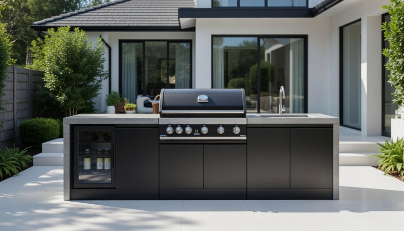 GrandPro Outdoor Kitchen with 5 Burner BBQ, Fridge, Sink and WaterFall - 2.8m