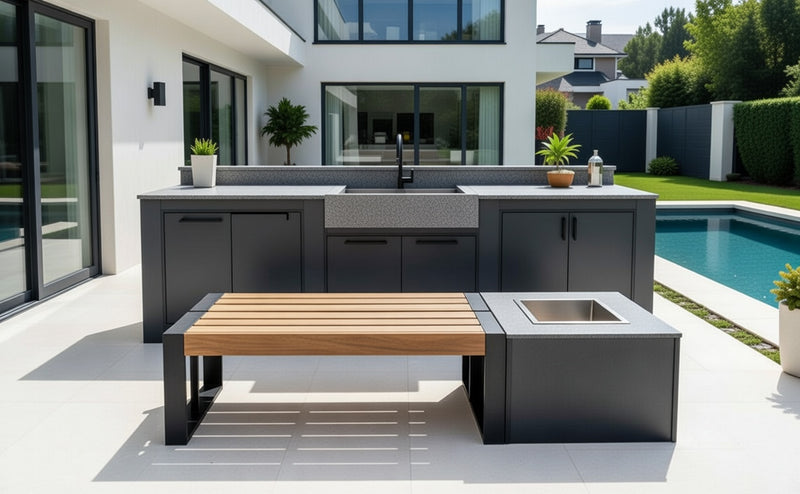 Flank 1 fire pit and a 2-piece grill bench set