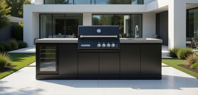 GrandPro Outdoor Kitchen with Black CrossRay 4 Burner BBQ, Fridge and Sink - 2.8m