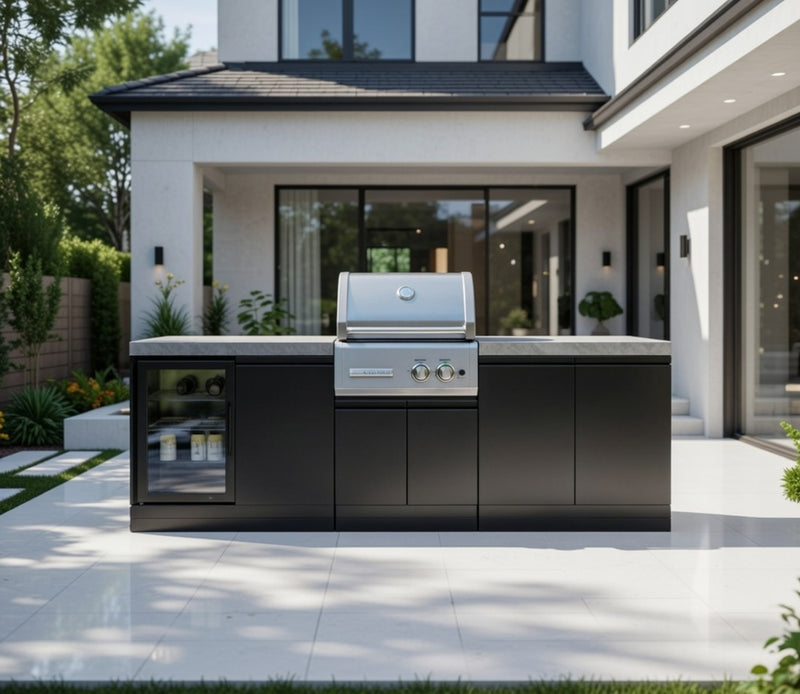 GrandPro Outdoor Kitchen with CrossRay 2 Burner BBQ, and Fridge - 2.5m