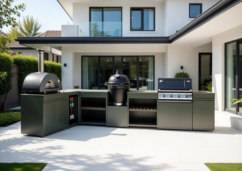 Vision Outdoor Kitchen L Shape Fridge Pizza oven, Kamado, and Barbecue Grill