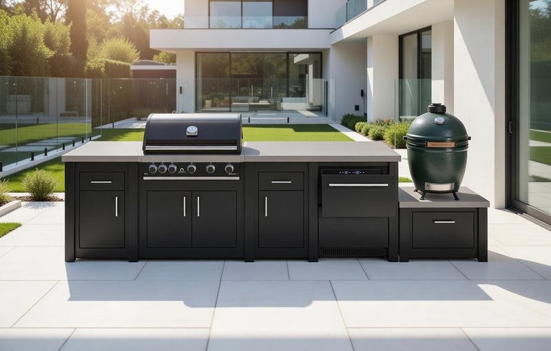 Grandpro by Stoll Aluminum Outdoor Kitchen GrandPro, Green Egg, and Double Drawer Fridge