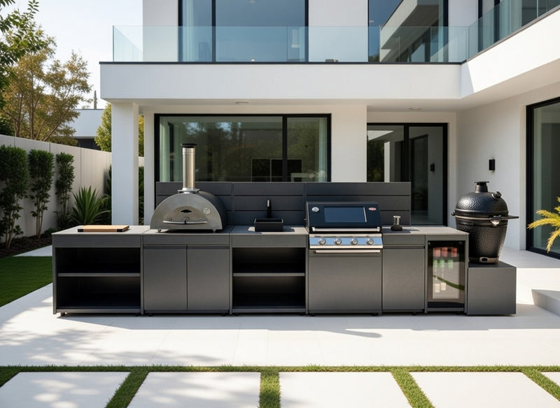 Vision Outdoor Kitchen with Fridge, Sink, Pizza Oven, Kamado, and Barbecue Grill