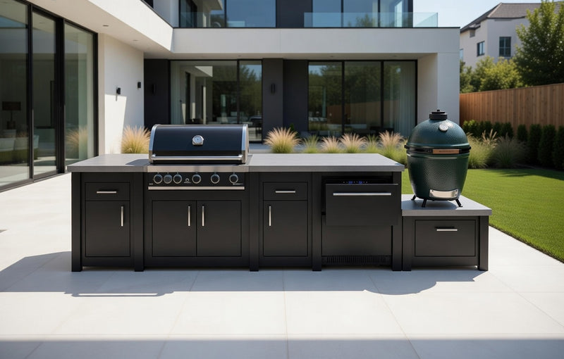 Grandpro by Stoll Aluminum Outdoor Kitchen GrandPro, Green Egg, and Double Drawer Fridge