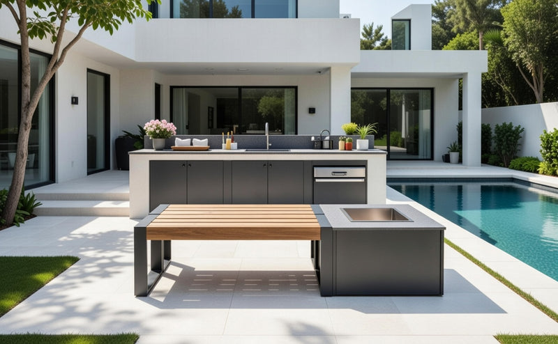 Flank 1 fire pit and a 2-piece grill bench set