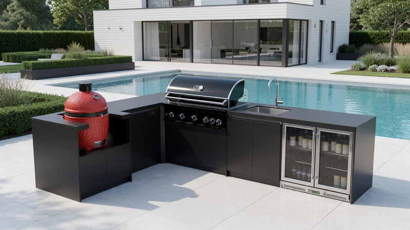 Whistler Fairford L-Shaped Black Outdoor Kitchen with Burford 5-Burner BBQ | Dimensions 2.3m x 3.5m