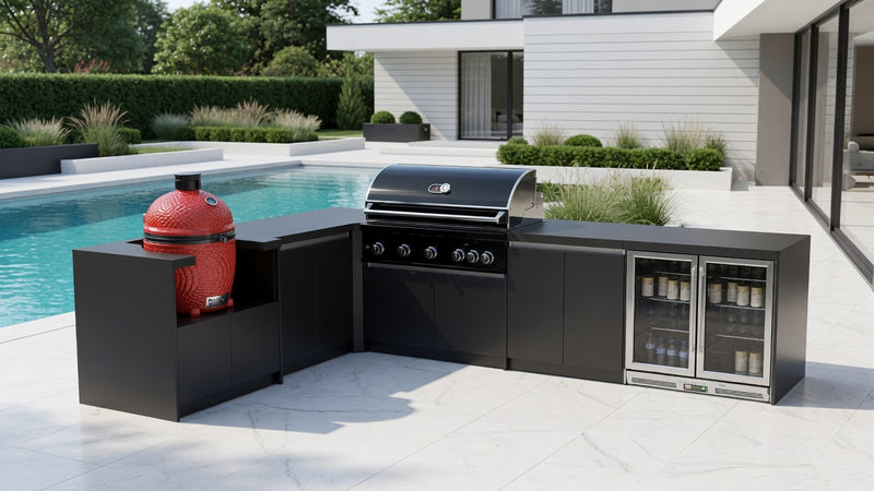 Whistler Fairford L-Shaped Black Outdoor Kitchen with Burford 5-Burner BBQ | Dimensions 2.3m x 3.5m