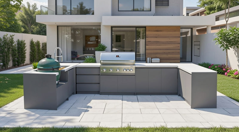 Whistler Fairford Grey U-Shaped Outdoor Kitchen with Burford 5-Burner BBQ | Dimensions 2.3m x 4.8m x 1.6m