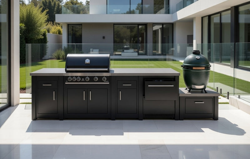 Grandpro by Stoll Aluminum Outdoor Kitchen GrandPro, Green Egg, and Double Drawer Fridge