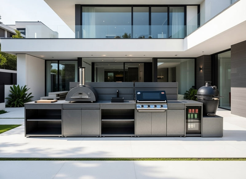 Vision Outdoor Kitchen with Fridge, Sink, Pizza Oven, Kamado, and Barbecue Grill