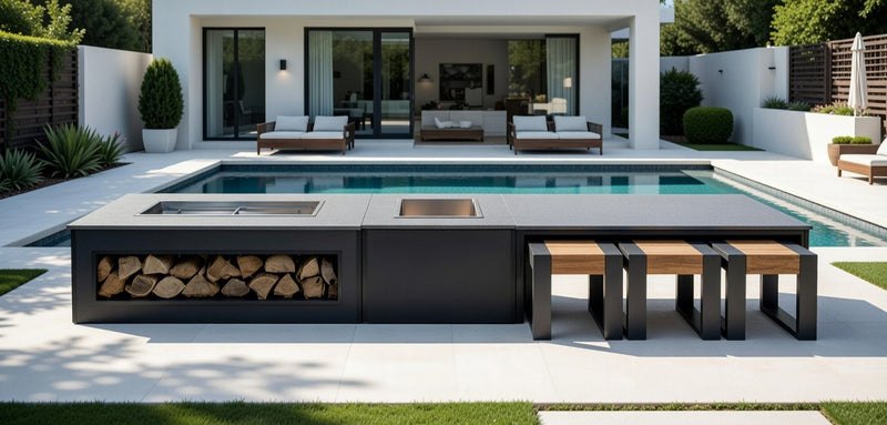 Grillandia Strip Dining table with 6 poufs, 2 grill benches