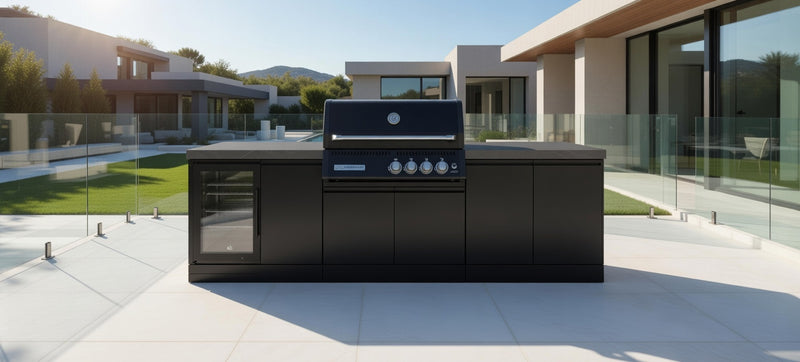 GrandPro Outdoor Kitchen with Black CrossRay 4 Burner BBQ, Fridge - 2.8m
