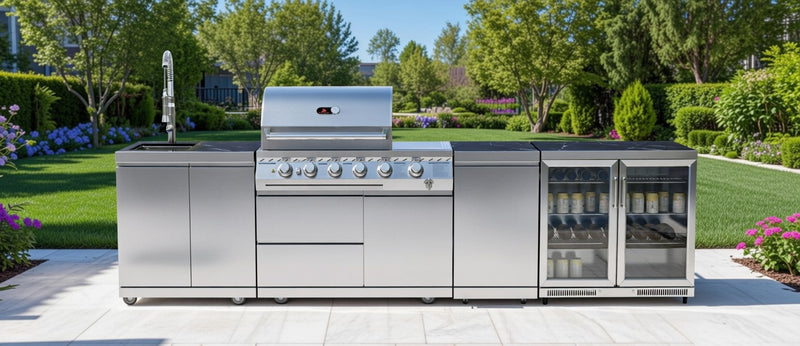 Whistler Outdoor Kitchen 4 Burner BBQ, Fridge, Sink and Gas Bottle Cabinet | 3.4Meters