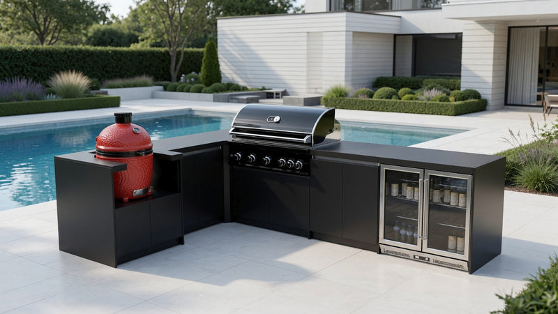Whistler Fairford L-Shaped Black Outdoor Kitchen with Burford 5-Burner BBQ | Dimensions 2.3m x 3.5m