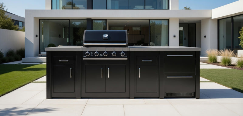 Grandpro by Stoll Aluminum Outdoor Kitchen GrandPro, Green Egg, and Double Drawer Fridge