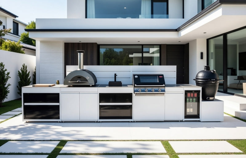 Vision Outdoor Kitchen with Fridge, Sink, Pizza Oven, Kamado, and Barbecue Grill