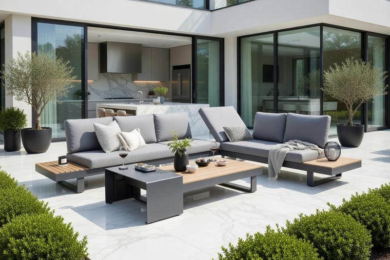 Easton Large Corner Set With Sun Recliner -Anthracite Aluminium Frame with Poly Wood Table Top and Sides – Grey Cushions