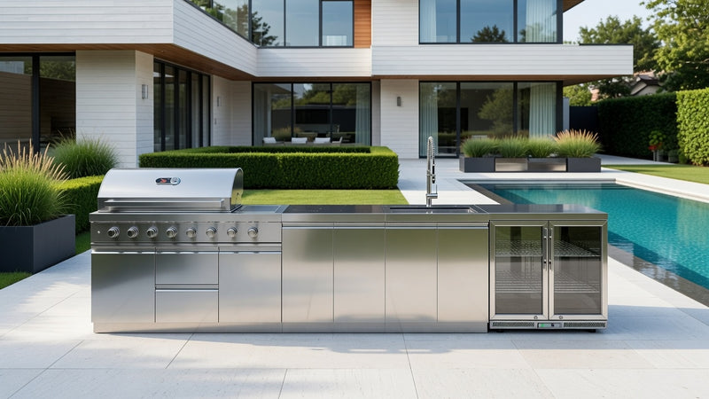 Whistler Grills Oaksey 6-Burner Kitchen with Double Door Fridge, Sink and Gas Bottle Cabinet - Stainless Steel 4.2Meters
