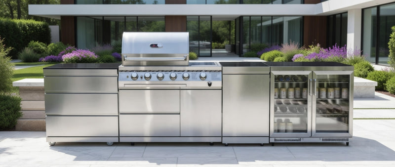 Whistler Outdoor Kitchen 4 Burner BBQ, Triple Drawer, Fridge and Gas Bottle Cabinet | 3.7M
