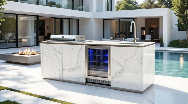 Buschbeck Derby Outdoor Kitchen – White Marbled Ceramic Finish 2.6M Plus Weather Protection Cover