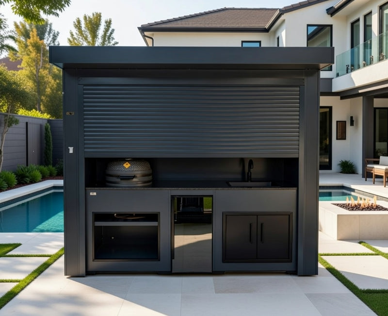 Grillandia Outdoor Kitchen Roll Cabana Kamado BBQ, Fridge, and Sink  | 2.9M