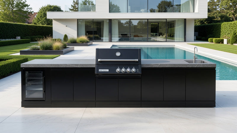 GrandPro Outdoor Kitchen with Black CrossRay 4 Burner BBQ, Fridge and Sink - 3860mm