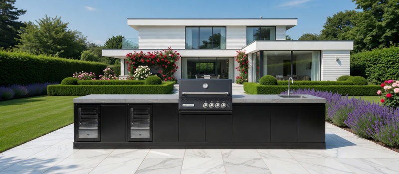 GrandPro Outdoor Kitchen with Black CrossRay 4 Burner BBQ, Double Fridge and Sink - 4140mm