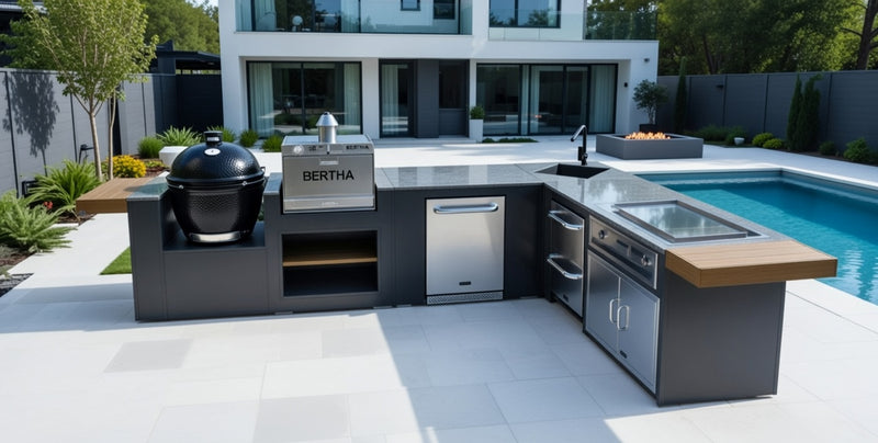 Grillandia Outdoor Kitchen L-Shape Drop-In Electric Plancha, Sink, Berta Multi Oven, Fridge, Double Drawer Fridge, and Primo XL