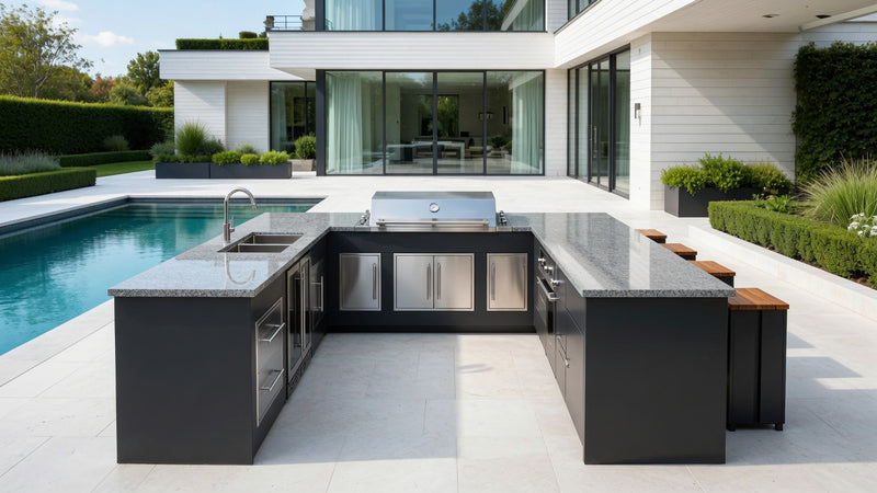 Grillandia Outdoor kitchen U shape, Paired with Beefeater proline 6 burner and Built-in deep fryer | 4m x 3.8m X 4m