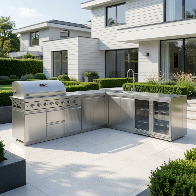 Whistler Grills Marlborough 6-Burner Kitchen with Double Door Fridge, Sink and Corner Unit - Stainless Steel 2.9 x 2.3Meters