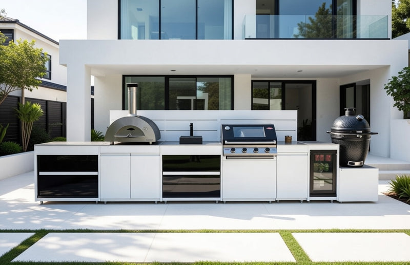 Vision Outdoor Kitchen with Fridge, Sink, Pizza Oven, Kamado, and Barbecue Grill