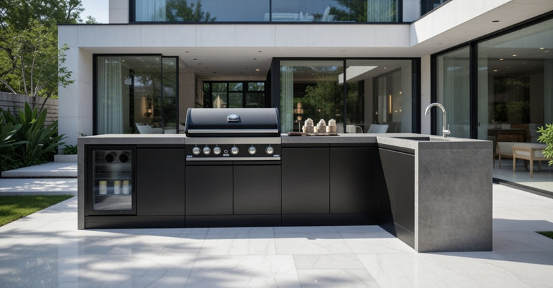 GrandPro Outdoor Kitchen with 5 Burner BBQ, Fridge, Sink and WaterFall - 3.4m x 1.5m