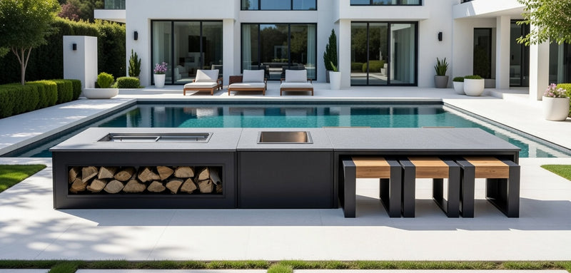 Grillandia Strip Dining table with 6 poufs, 2 grill benches