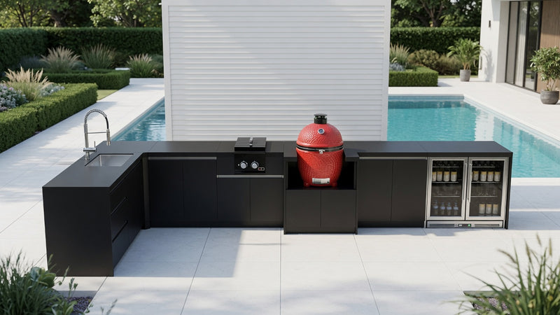 Whistler Fairford Black L-Shaped Outdoor Kitchen | Dimensions 2.3m x 4.8m