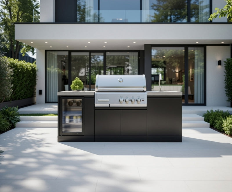 GrandPro Outdoor Kitchen with CrossRay 4 Burner BBQ, Sink and Fridge - 2.2m