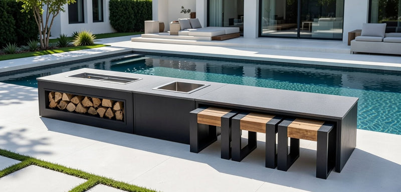 Grillandia Strip Dining table with 6 poufs, 2 grill benches