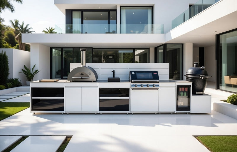 Vision Outdoor Kitchen with Fridge, Sink, Pizza Oven, Kamado, and Barbecue Grill