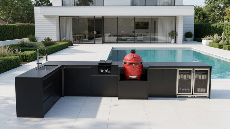 Whistler Fairford Black L-Shaped Outdoor Kitchen | Dimensions 2.3m x 4.8m