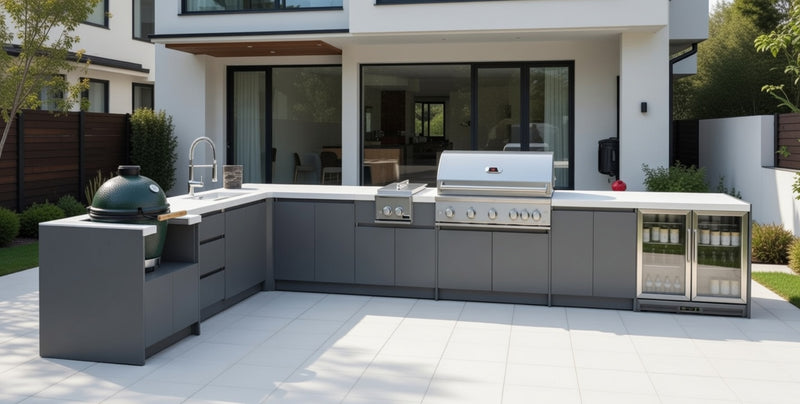 Whistler Fairford Grey L-Shaped Outdoor Kitchen with Burford 5-Burner BBQ | Dimensions 3.1m x 5.1m