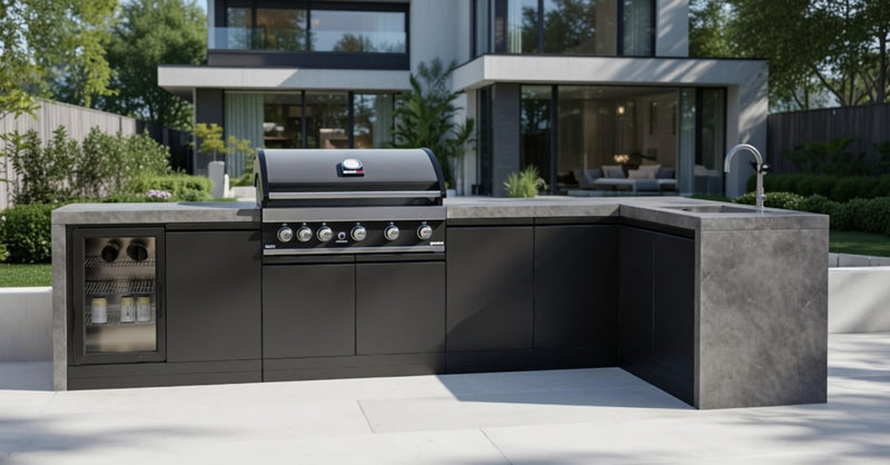 GrandPro Outdoor Kitchen with 5 Burner BBQ, Fridge, Sink and WaterFall - 3.4m x 1.5m