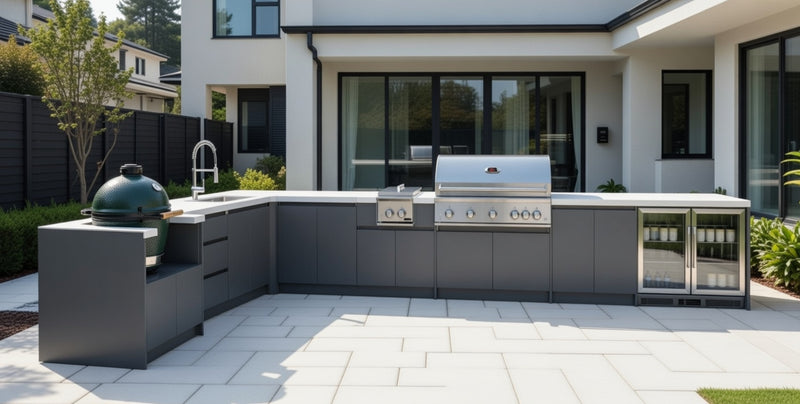 Whistler Fairford Grey L-Shaped Outdoor Kitchen with Burford 5-Burner BBQ | Dimensions 3.1m x 5.1m