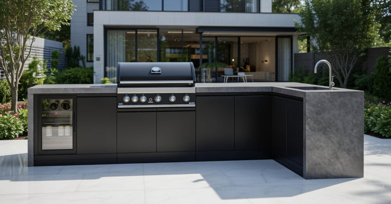 GrandPro Outdoor Kitchen with 5 Burner BBQ, Fridge, Sink and WaterFall - 3.4m x 1.5m
