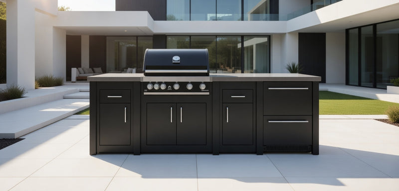 Grandpro by Stoll Aluminum Outdoor Kitchen GrandPro, Green Egg, and Double Drawer Fridge