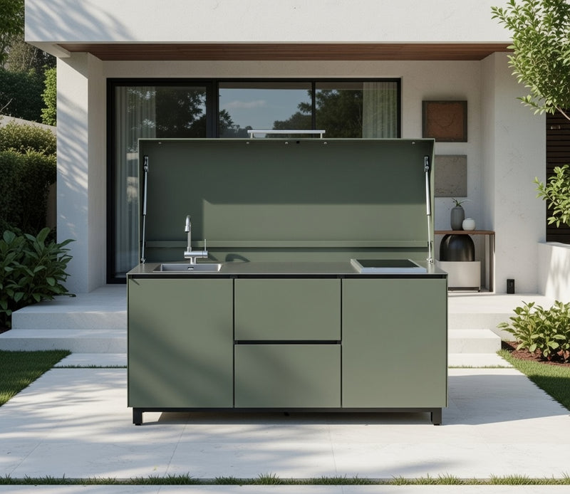 Hoppilif Outdoor Kitchen | Full lid 2 Burner Hod & Folding Tap and Sink – Olive Green (1.8m)