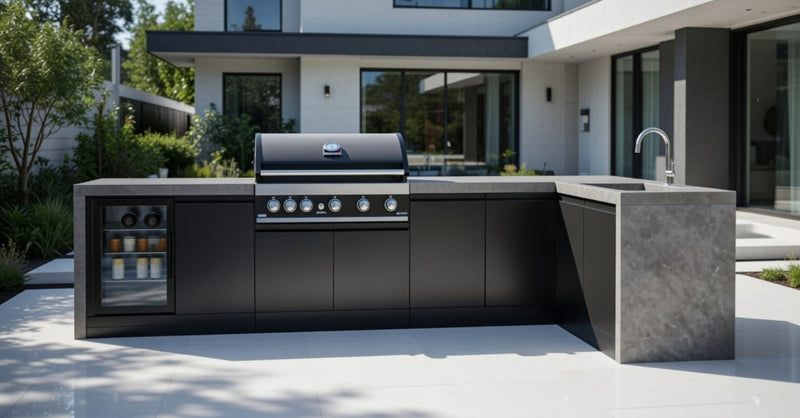 GrandPro Outdoor Kitchen with 5 Burner BBQ, Fridge, Sink and WaterFall - 3.4m x 1.5m