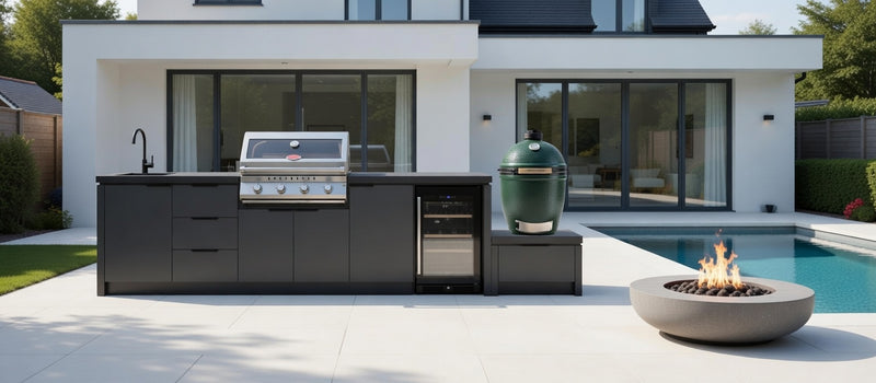 Cabinex Premium Outdoor Kitchen Beefeater 7000 Classic 4 Burner, Fridge and Sink + Green Egg and Base | 4.1Meters