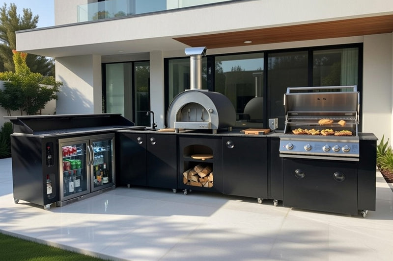 Outdoor kitchen L Shape Whistler Burford 4 BBQ  Piccolo Pizza Oven Double Door fridge and Side Bar