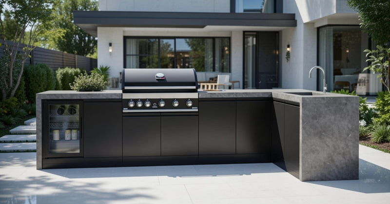 GrandPro Outdoor Kitchen with 5 Burner BBQ, Fridge, Sink and WaterFall - 3.4m x 1.5m